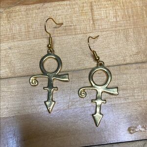 Prince Symbol Earrings Dangle Drop Gold Tone Music Artist‎ Unique 1.5in New